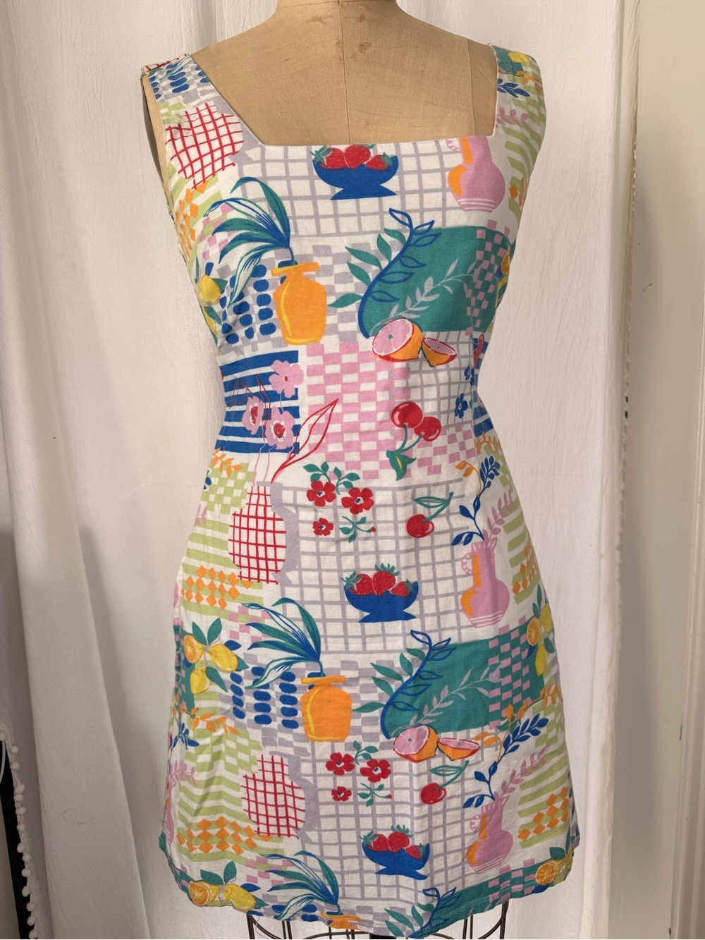 JAPNA Patterened Picnic Euro Fruit Print Linen Mini Dress sz S
